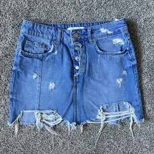 ZARA TRAFALUC DENIM‎ WOMEN SIZE M SKIRT DISTRESSED FRAYED CASUAL POCKETS 14"